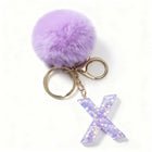 Llavero con Peluche de Letra Inicial y Pompón Morado - Glitter Resina