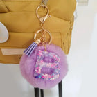 Llavero con Peluche de Letra Inicial y Pompón Morado - Glitter Resina