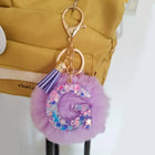 Llavero con Peluche de Letra Inicial y Pompón Morado - Glitter Resina