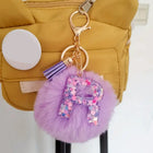 Llavero con Peluche de Letra Inicial y Pompón Morado - Glitter Resina