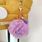 Llavero con Peluche de Letra Inicial y Pompón Morado - Glitter Resina