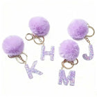 Llavero con Peluche de Letra Inicial y Pompón Morado - Glitter Resina