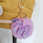 Llavero con Peluche de Letra Inicial y Pompón Morado - Glitter Resina