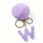 Llavero con Peluche de Letra Inicial y Pompón Morado - Glitter Resina