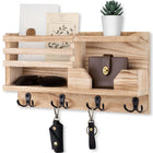 Llavero de Pared de Madera Natural con 4 Ganchos Dobles - Organizador de Correo Rústico para Hogar