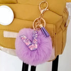Llavero con Peluche de Letra Inicial y Pompón Morado - Glitter Resina