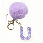 Llavero con Peluche de Letra Inicial y Pompón Morado - Glitter Resina