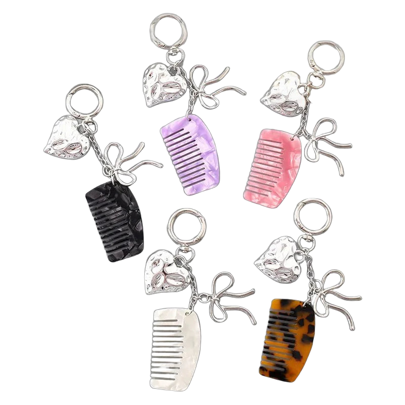 Bag Charm Coquette Aesthetic Llavero para Bolso con Colgante Corazón Plateado y Peine Acetato