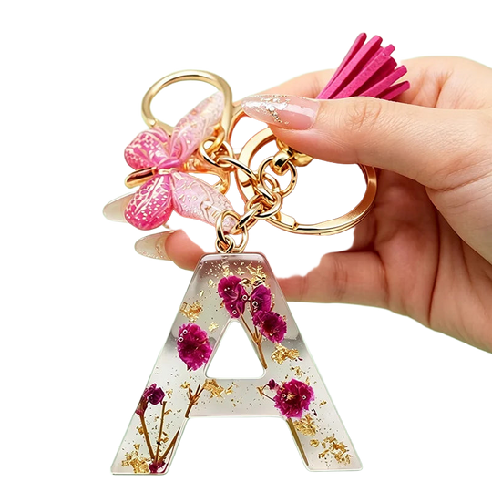 Llavero a Crochet Paso a Paso - Colgante de Flores Secas y Resina, Inicial A-Z, Mariposa y Borla, Re