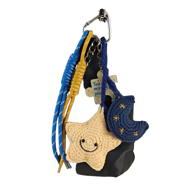 Llavero a Crochet Paso a Paso - Sonrisa Estrella Luna Sol - Colgante de Bolso Artesanal Azul y Amari