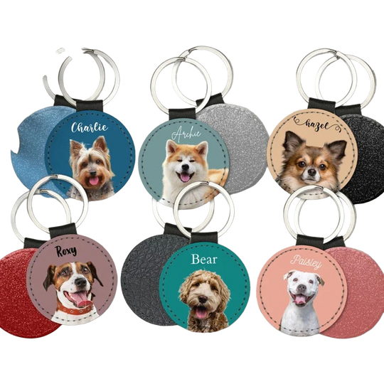 Llavero con Foto Personalizado para Mascotas - Perro Gato Retrato Nombre Cuero Recuerdo Premium