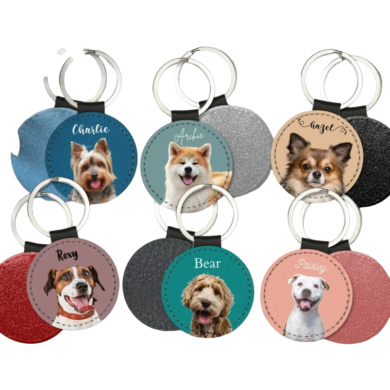 Llavero con Foto Personalizado para Mascotas - Perro Gato Retrato Nombre Cuero Recuerdo Premium