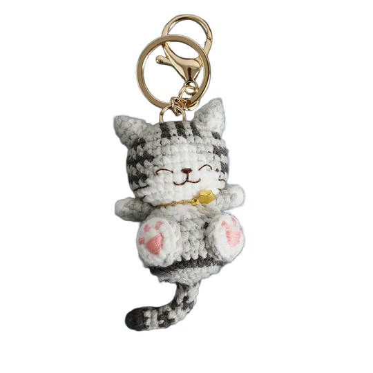 Llavero con peluche de gatito tejido a mano - Muñeco sonriente de crochet, llavero de punto, serie d