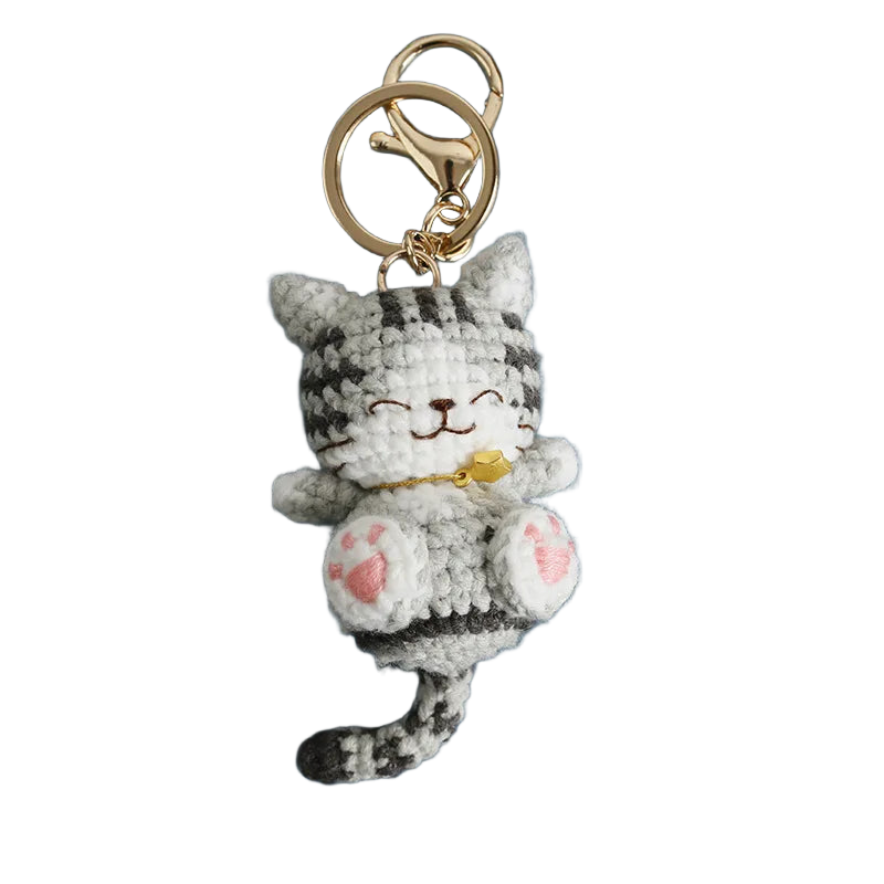 Llavero con peluche de gatito tejido a mano - Muñeco sonriente de crochet, llavero de punto, serie d