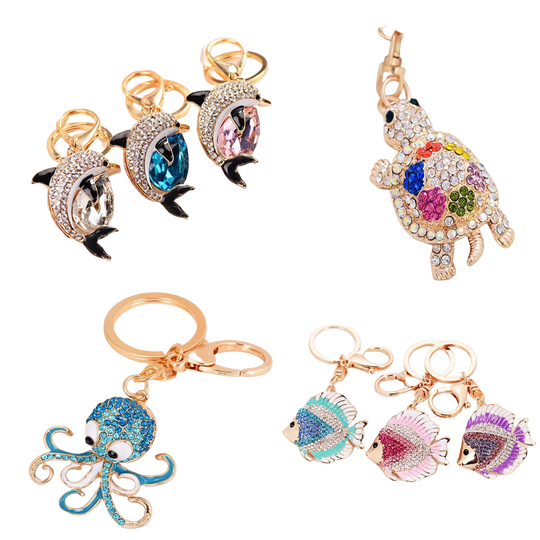 Llavero con Peluche de Tortuga Marina - Cristal Rhinestone y Metal, Diseño Marino para Bolso y Llave