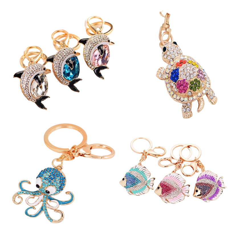 Llavero con Peluche de Tortuga Marina - Cristal Rhinestone y Metal, Diseño Marino para Bolso y Llave