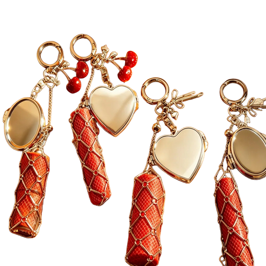 Llavero de Acero Inoxidable con Espejo y Bolsillo - Diseño de Labial y Colgante Plateado, Regalo Ele