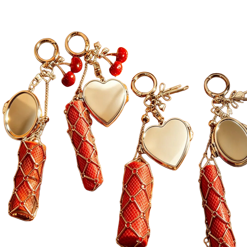 Llavero de Acero Inoxidable con Espejo y Bolsillo - Diseño de Labial y Colgante Plateado, Regalo Ele