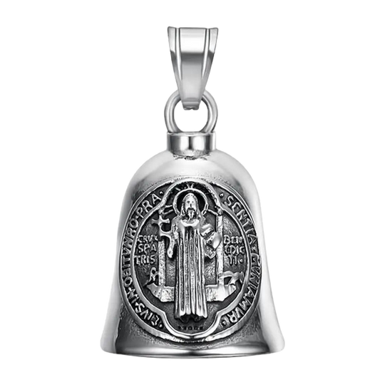 Llavero Moto Vintage San Benito - Cruz Religiosa con Campana Motorcycle Guardian - Amuleto Biker Pun