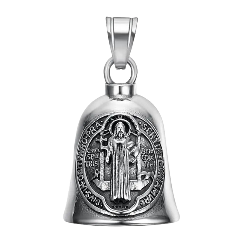 Llavero Moto Vintage San Benito - Cruz Religiosa con Campana Motorcycle Guardian - Amuleto Biker Pun