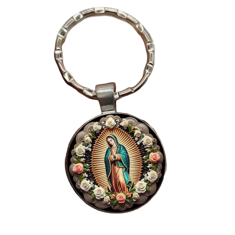 Llavero Retro Exquisito con Flores y Patrones Elegantes - Keychain de Vidrio y Aleación Premium