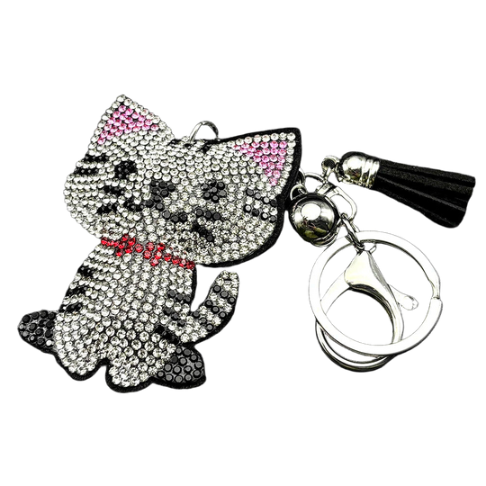 Llavero con Peluche de Gato Brillante - Colgante de Bolso con Cristales y Borla Negra para Mujer y H