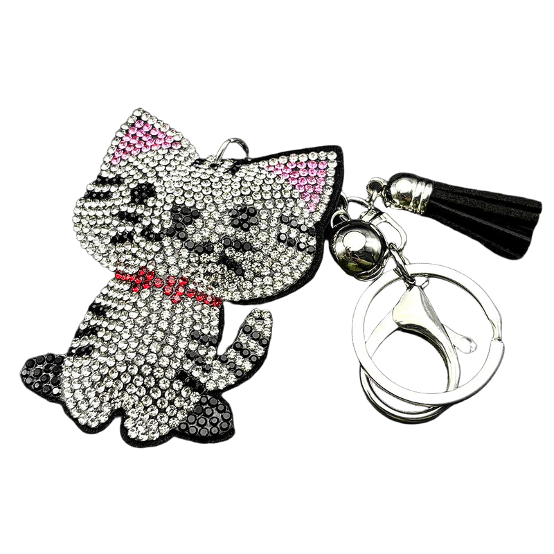 Llavero con Peluche de Gato Brillante - Colgante de Bolso con Cristales y Borla Negra para Mujer y H