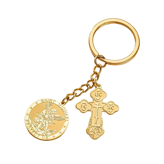 Llavero para bolso de San Miguel Arcángel y Cruz Ortodoxa - Talismán Religioso de Acero Inoxidable