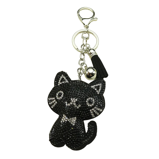 Llavero para Bolso Gato Negro con Moño y Tassel de Pedrería - Charm Elegante para Mujer y Hombre
