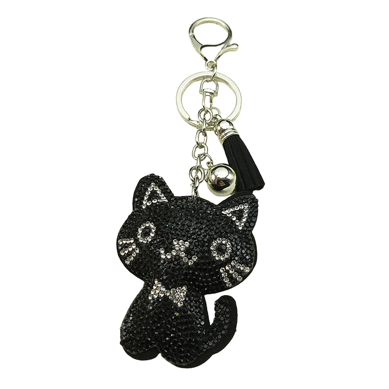 Llavero para Bolso Gato Negro con Moño y Tassel de Pedrería - Charm Elegante para Mujer y Hombre
