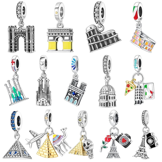 Llaveros Charms de Plata 925: Torre Eiffel, Coliseo, Arco del Triunfo - Luminosos y Elegantes