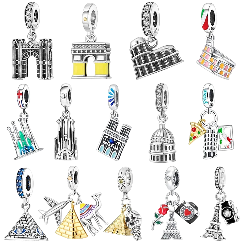 Llaveros Charms de Plata 925: Torre Eiffel, Coliseo, Arco del Triunfo - Luminosos y Elegantes